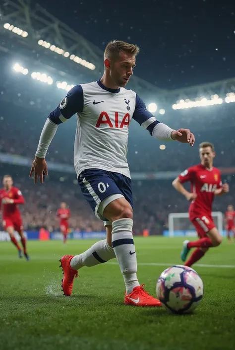 full body image, boots running kicking a ball on a soccer field during a game between Tottenham and Liverpool in a night stadium, 27-year-old male ,short hair, athletic and muscular body, And his jaw marked, red high resolution boots Wearing the Tottenham ...