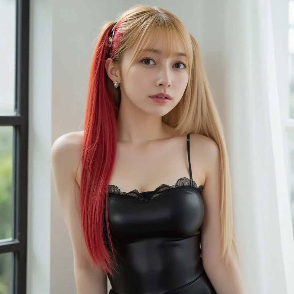 Two-tone blonde and red hair、 hairstyle is straight、super long hair、ponytail、black maid outfit、Hair color is different on the left and right