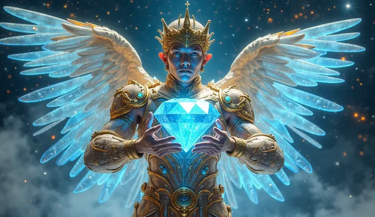 This heavenly warrior wears translucent gold armor, with bluish reflections and inlays of cosmic diamonds. His face is sculpted to perfection, each detail highlighted by vibrant cyan light, and its eyes shine like blue stars. His open wings shine with a cr...