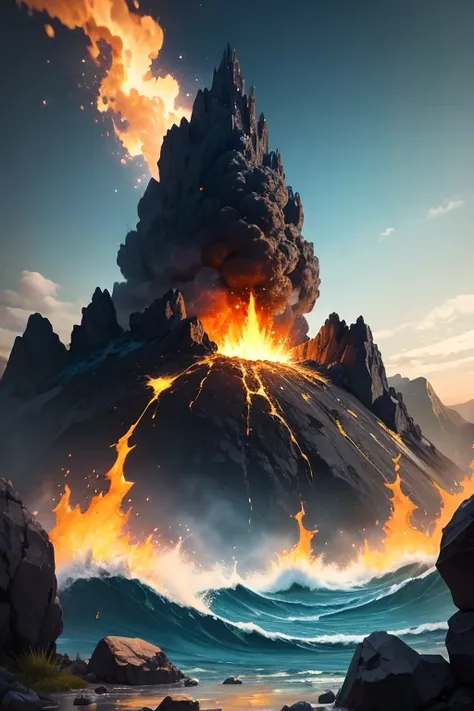 masterpiece, Volcanoes, Fire,  Energetic elements , aura, Wave, particles and harmony. Blue sky and rocks in the distance. Adventure landscape . Maximum quality,  Detailed.