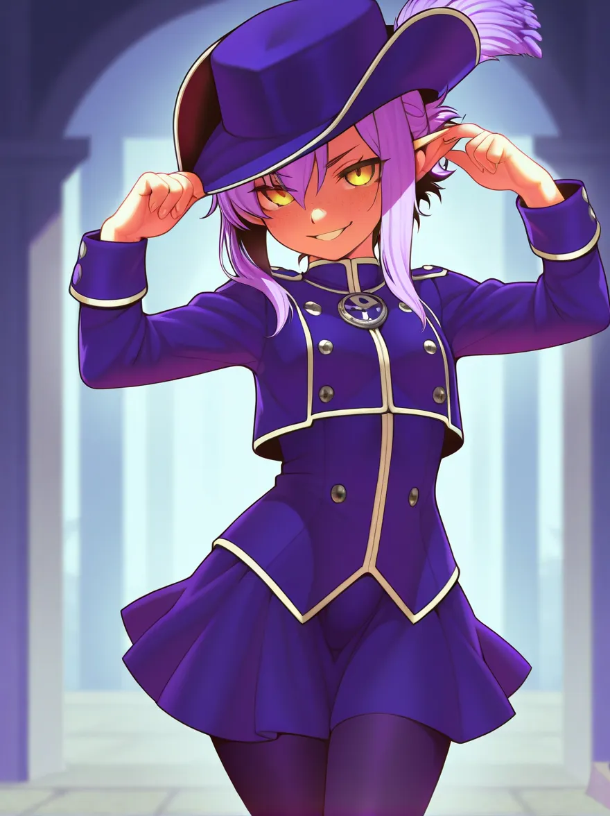 DnD  Gnome female, Solo Female, athletic, cute, evil cute, evil grin, petite, small girl, mischievous, lavender hair, fancy hat, purple officer uniform, skirt, fencer, musketeer hat, yellow eyes, fair skin, freckles, female,  masterpiece, extremely high de...