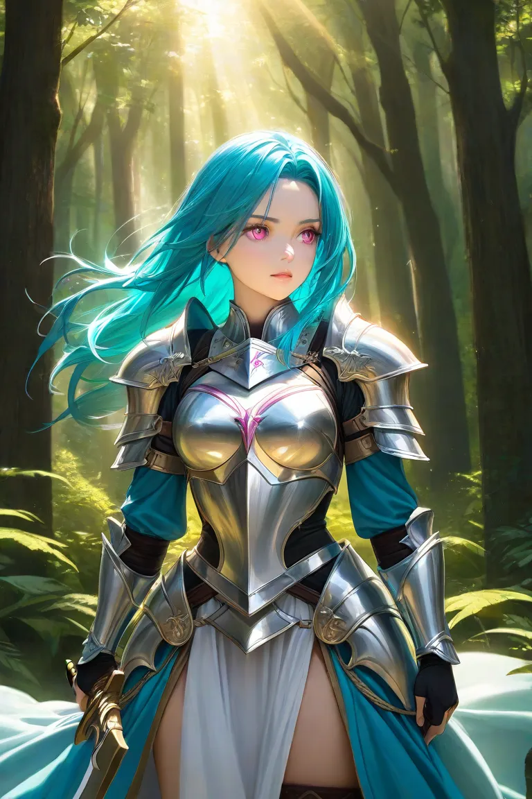 Girl in knight armor, pink eyes and cyan hair with a beautiful face