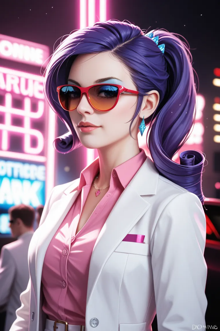 Rarity , human form , white suit and pink shirt , sunglasses, having a ak47 , Hotline Miami esthetic 