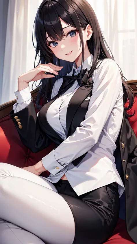 sexy older sister wearing white cutter shirt　　 　　I'm wearing a black tie　black suit pants　A radiant smile　 High Resolution　 high image quality