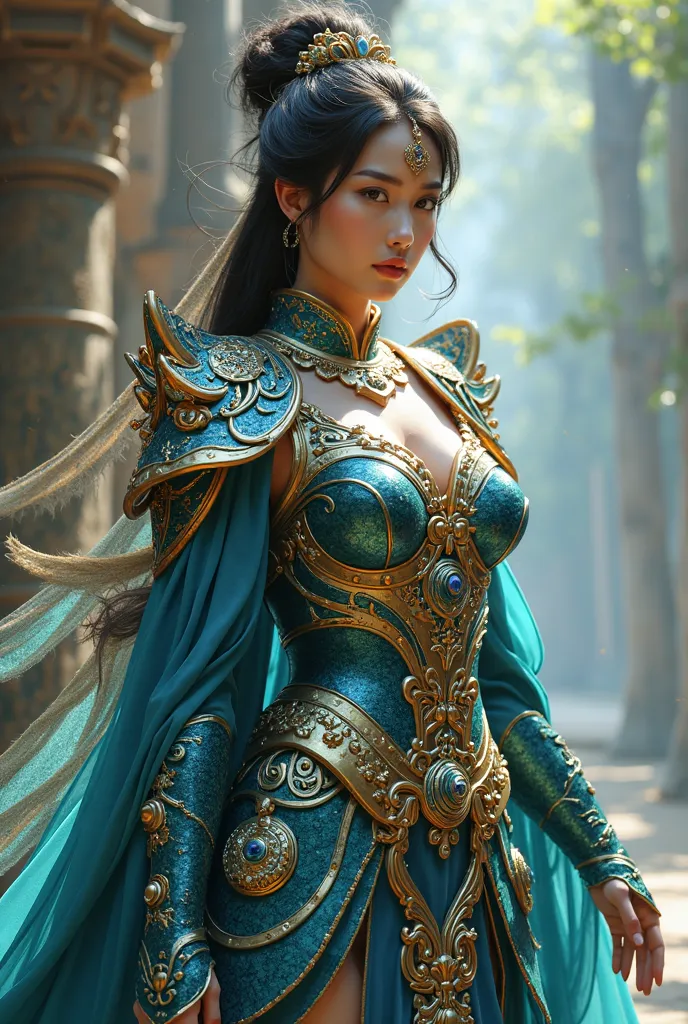 A very perfect busty and curvy body of an asian female warrior, with beautiful face, wearing a (peacock based saint seiya style armor)