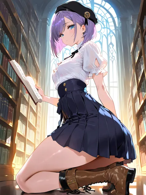 (NSFW, masterpiece, best quality, amazing quality, very aesthetic, cinematic lighting:1.4,incredibly_absurdres), LIBRARY, 1women, \(solo, purple hair, blue eyes, small breasts, Choppy bob, Side-Swept Bangs, black High-waisted pleated skirt, white Puff slee...