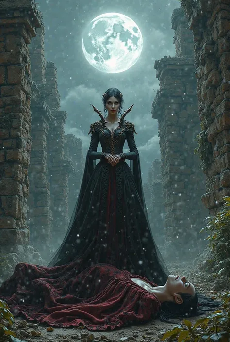 Create an image of a vampire queen, a defeated vampire king with high resolution 
With a defeated castle and the Inca king