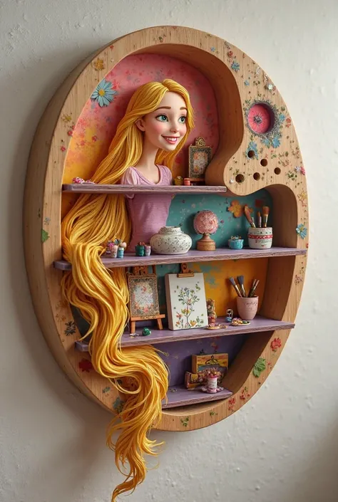 A small, wall-mounted bookshelf shaped like a painter's palette. The palette is beautifully decorated with an illustration of Rapunzel, who has a bright, cheerful expression. Her golden hair flows around the palette shape, artfully intertwining with small,...