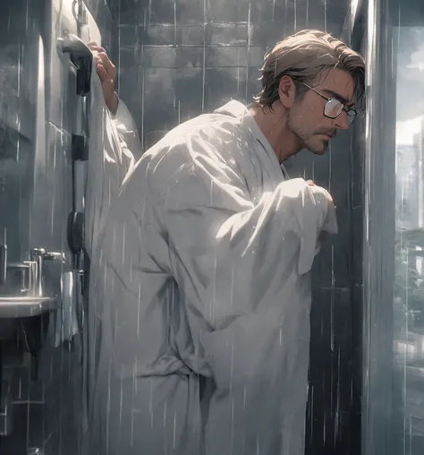 mature man taking a shower in his appartement bathroom in in New York , wearing small rectangle glasses, light brown hair, white bathrobe . bright daylight grey sky, rainy aesthetic. The man must be handsome and elegant. The image must be in 8k
