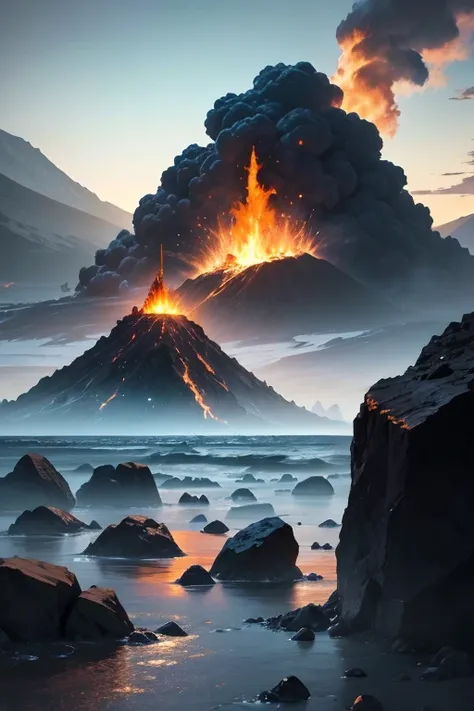 masterpiece, Volcanoes, Fire, aura, particles and harmony. Blue sky and rocks in the distance. Adventure landscape . Maximum quality,  Detailed.