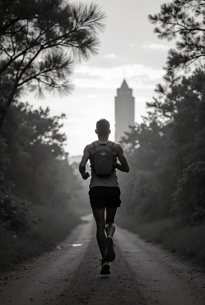 Monochromatic runner (with hydration vest) running to the east. Sunset in the background. Pine forest indication to the east. Panama City incljding "El Tornillo" building  to the west. Frame everything in a circle shape. 