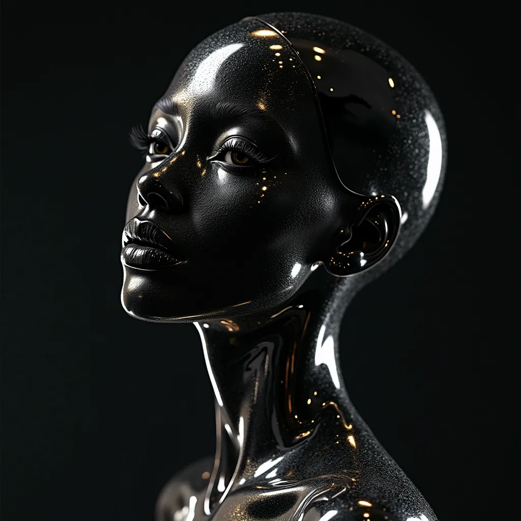  A black woman with straight skin , her skin shines like liquid chromed metal, reflecting the studio lights as if it were a futuristic sculpture. Her gaze is deep and penetrating, as if she were alive inside the metal. The surrounding lights create intense...