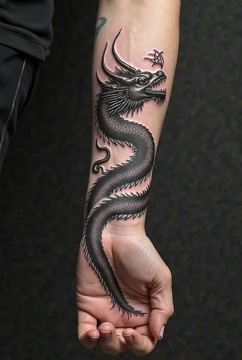 "I want a tattoo of a Chinese dragon on the arm, hand and forearm. The dragon's head must be clearly drawn on the back of the hand, with the open mouth positioned between the thumb and the index finger, as if it were 'biting' that area. The head must be tu...