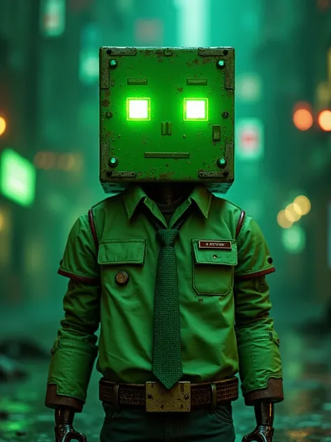 In the image ,  pixels and blocks with details such as ties and belts.  with details such as a tie and a belt The character has bright green glowing eyes and a green robot-like character with pixels and blocks in a shirt , features a green robot-like chara...