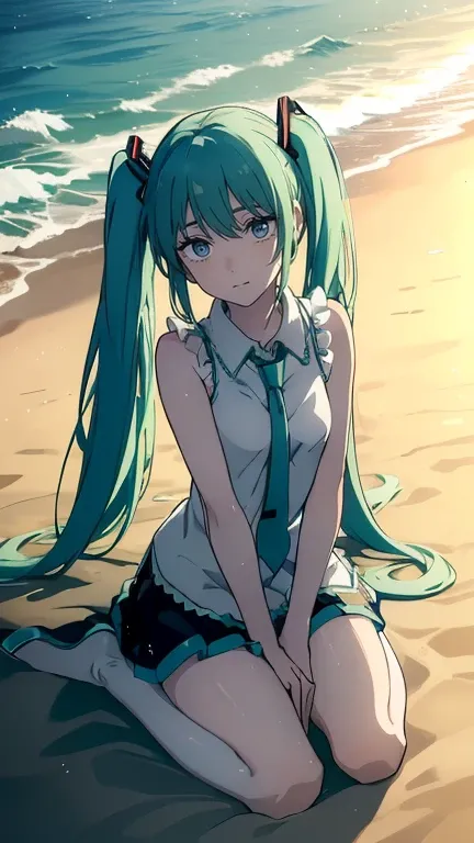 ((((amazing, best quality, Ultra High Definition)))), ((( Hatsune Mikuが ビーチで空が綺麗，)))(((明るいsmile,)))((smile，不適なsmile，大胆なsmile，Mr.々なsmile，turn hands backwards))  ( Hatsune Mikuの衣装， Hatsune Mikuのスカート、 Hatsune Mikuのヘットセットをつけていsる，Garter belt on leg、 Hatsune Mik...