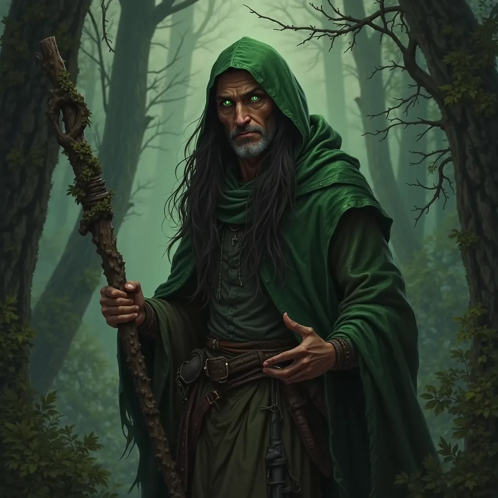 a middle aged elf woman with pointed features dark hair and no facial hair. in a green hooded cloak and cape. his eyes almost glowing green holding a gnarled staff.  walking through a dark dense forest, dark fantasy character design, portrait of a druid, d...