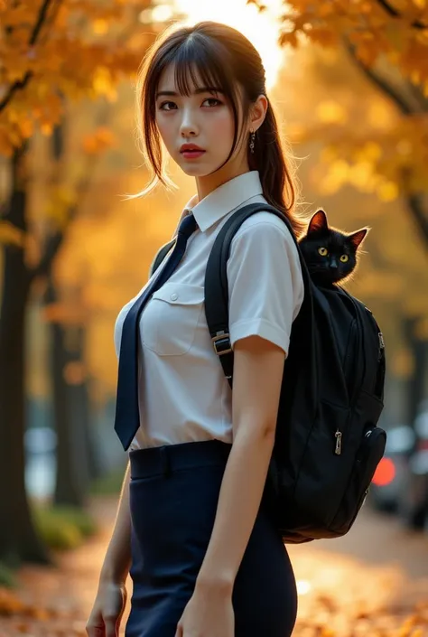 Sexy beautiful Japanese woman, a self defense officer uniform, wearing a white short-sleeved shirts, navy blue tie, navy blue pencil skirt, Black patent high heels, beautiful hip-line, Beautiful thighs, long legs, large breasts, slim waist, ultra-realistic...