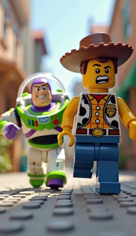 style Buzz Lightyear and Sheriff Woody running away from Sid,In LEGO