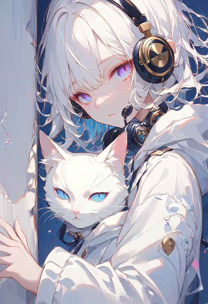 White cat personification。headphones。Face out of the wall、 is peeking here。