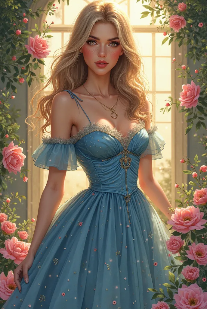  a girl, Alone, high resolution, masterpiece,  Precise, the best quality, Detail, Details altos, quality, very detailed, High quality, UHD, Textured skin,  European girl with European features , She is a princess,blue dress, long sweetheart neckline and Vi...