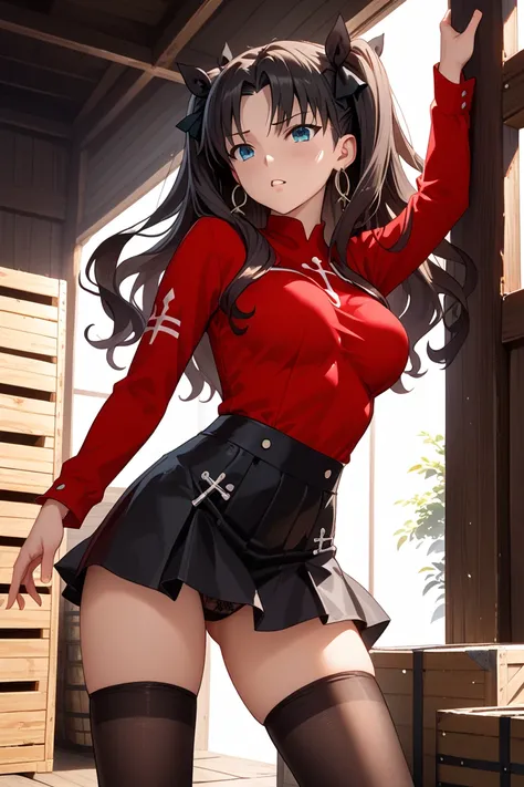 1 woman、 black hair、 red clothes、black skirt、black stockings、two side up、Black hair ornament、Tohsaka Rin、anime style、defeat、Storage shed、Show off your black panties with an M-shaped leg opening