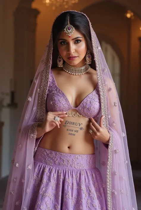 (masterpiece, best quality:1.2), She is draped in a low waist pastel violet lehenga with delicate gold embroidery, giving her an ethereal, moonlit glow. fully exposing her deep navel and slim waistline. A thin pearl waist chain (kamarbandh) rests against h...