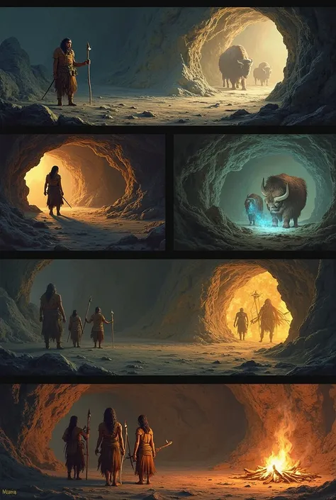 Images
 1.	Kael leaving for the cave, with his spear and thick skins.
	2.	The entrance to the Sacred Cave, with a mysterious environment .
	3.	The cave paintings illuminated by Kael's torch, showing bison and human figures.
	4.	The spirit of the ancient ch...