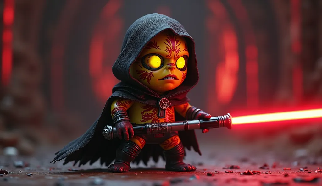 A small yellow being with a cylindrical body, inspired by a Minion, but with a dark appearance. His skin has red and black Sith-style tattoos covering his face and body. He wears a black hooded cape, decorated with menacing red details. His eyes glow an in...