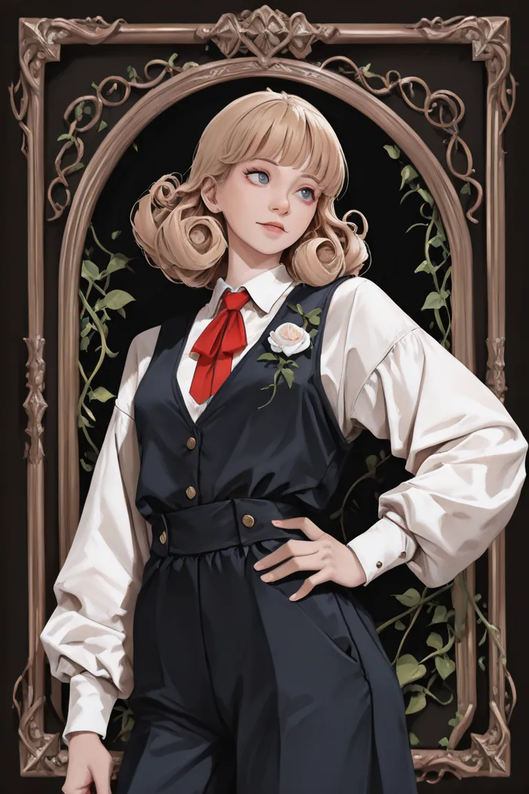  in an elegant atmosphere , and {x} create a vintage boy cartoon-style illustration depicting one young men。 character in a standing pose 、the character has a short blonde curly hair, blue eyes 、 classic vest 、 white puff sleeve shirt 、 wears a red ribbon ...