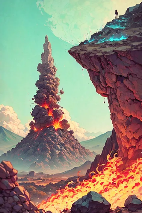 masterpiece, Volcanoes, Fire, aura, particles and harmony. Blue sky and rocks in the distance. Adventure landscape . Maximum quality,  Detailed.