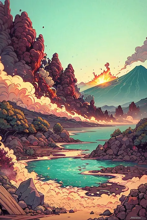 masterpiece, Volcanoes, Fire, aura, particles and harmony. Blue sky and rocks in the distance. Adventure landscape . Maximum quality,  Detailed.