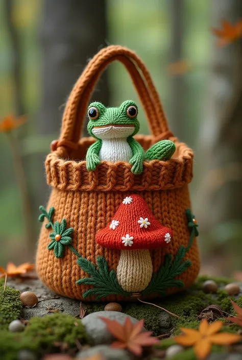 Draw a knitted brown ladies' bag with an embroidered frog on top in the middle and a connected mushroom with a green hat 