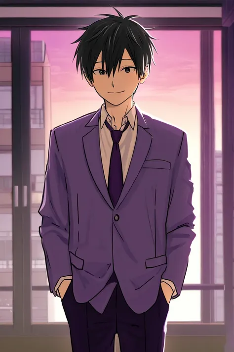 Adult boy, short black hair backwards, purple office worker's jacket, without tie, cardigans, smiling, Alone, without lighting, anime