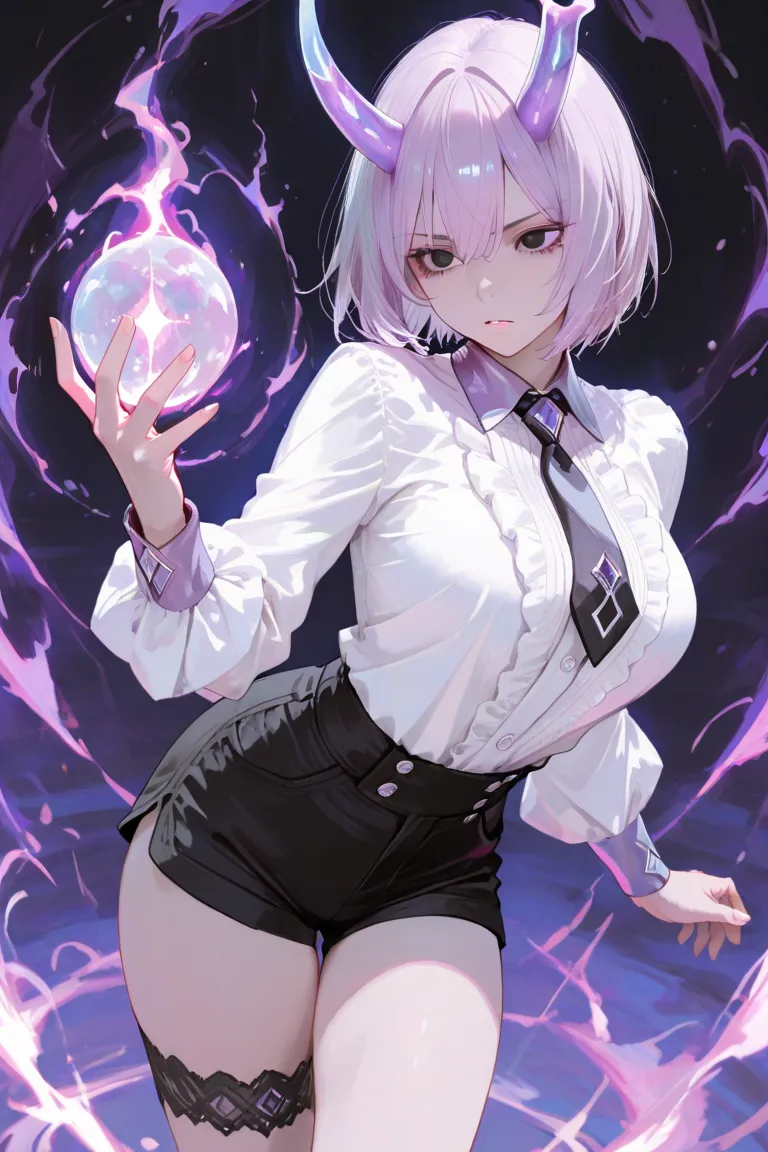 masterpiece,1 woman,Beautiful fingers,short hair of white color,black eyes and purple diamond-colored eyes,White buttoned blouse , black shorts  ,Purple Magic Aura,Red Magic,attack magic to put 1 hand forward,Use, purple color horn, tie the thigh 