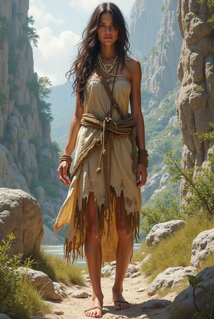 A prehistoric woman wearing a dress made from tanned animal hide, stitched together with sinew. The dress is rough and natural, with some fur along the edges. She stands in a wild, untamed landscape, with simple bone jewelry and bare feet, minimal clothing...