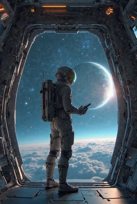 I want a video of a man wearing a space suit standing at the door of a spaceship overlooking a vast space holding a control device and in space there is a planet with a TikTok sign