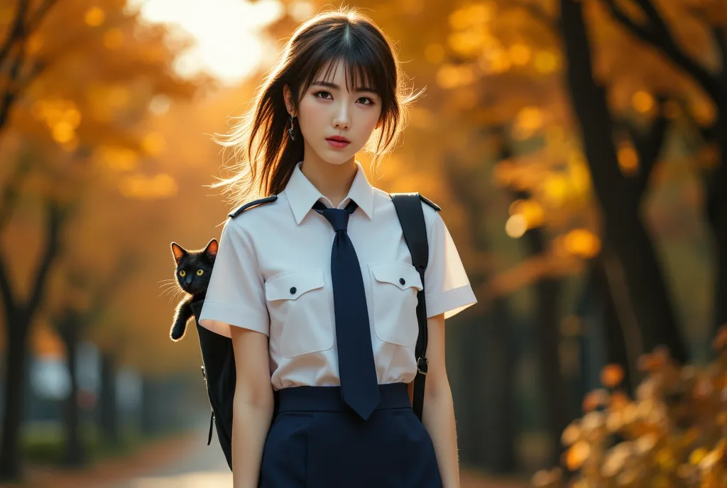 Sexy beautiful Japanese woman, a self defense officer uniform, wearing a white short-sleeved shirts, navy blue tie, navy blue pencil skirt, Black patent high heels, beautiful hip-line, Beautiful thighs, long legs, large breasts, slim waist, ultra-realistic...