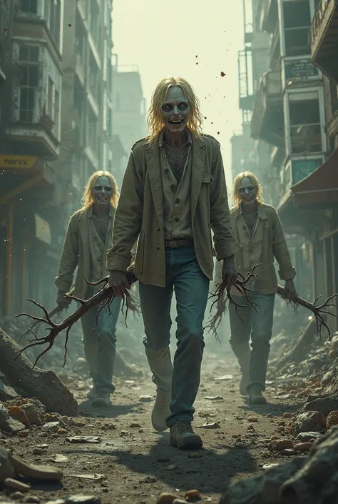 A beautiful city, But devastated by zombies with blond hair holding a huge branch