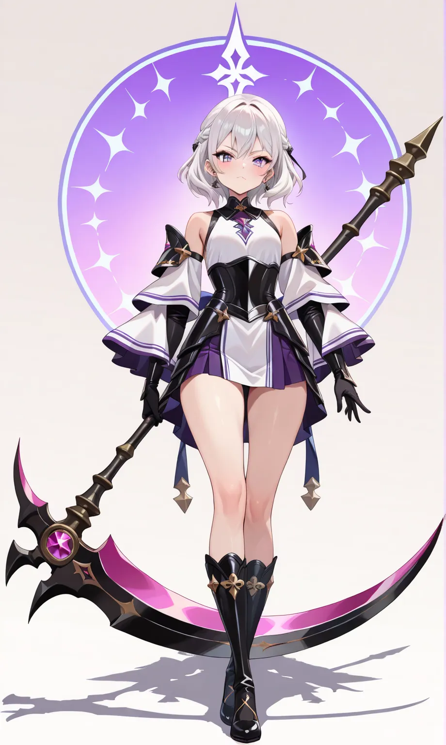 (((masterpiece, best quality, high detailed, 16k))) (1girl)  A breathtakingly beautiful young girl with short stylish white hair and piercing eyes. She wears a demonic armor in purple black and white. wields a large stylized scythe. ((full body front view)...