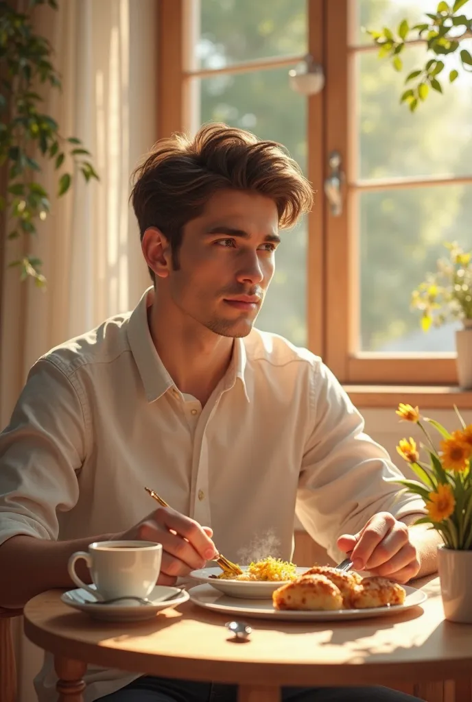 A young man having breakfast