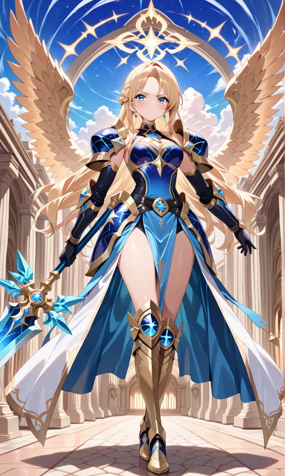 (((Masterpiece, best quality, 16k))) female character with long blonde hair and bright blue eyes. She wears a celestial armor in white, gold, and blue. wields a divine spear. The character has a determined expression, with a heavenly realm as the backgroun...