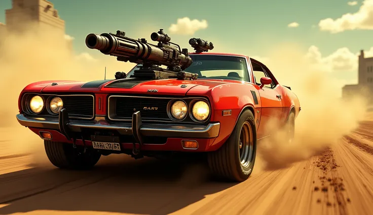 cell shade art in the style of Borderlands game. Classic red muscle car of the 70’s kitted out with armor and mini guns mounted on the roof. Driving fast kicking up dust. close up view of the car as it spins the dirt. Outdoors high midday sun dystopian cit...