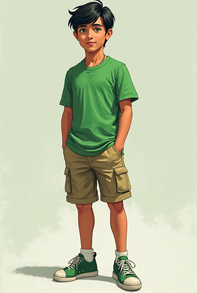 Do in the style of a bottomless tabletop RPG, a  boy wears comfortable shorts, a green shirt, and tennis, all quite casual and suitable for his busy routine and his outdoor activities. . He dresses practically , but always with a touch of personality that ...