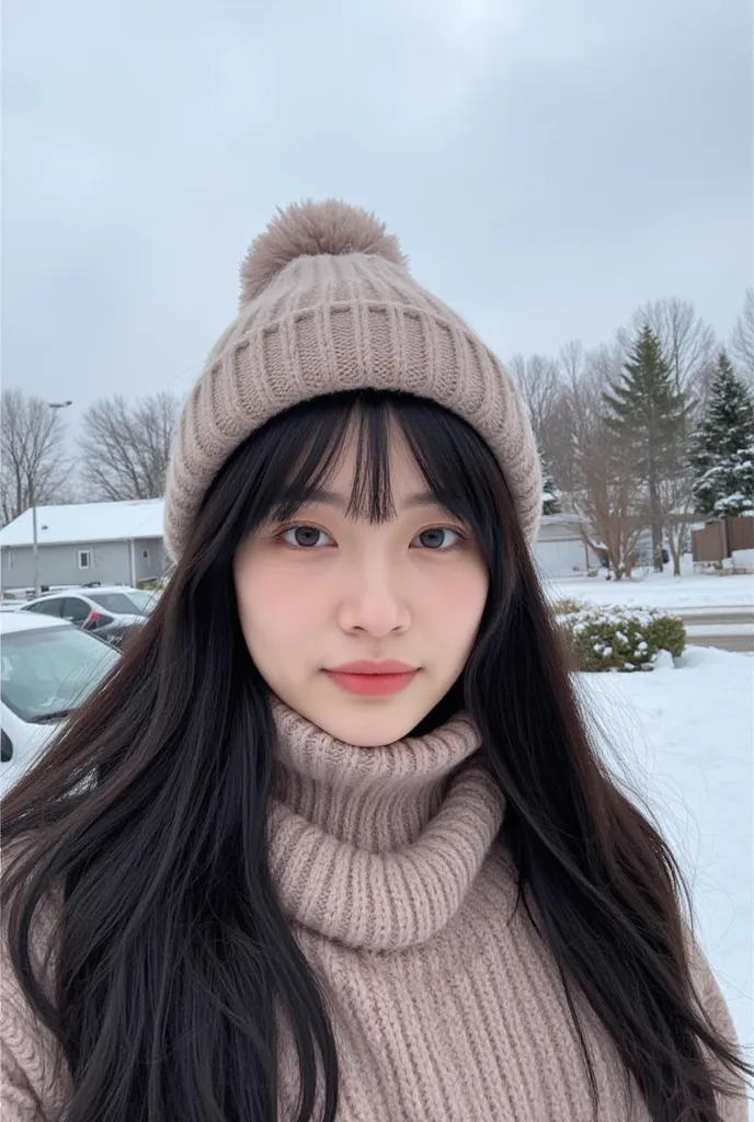 amateur photo, Instagram POV style , In the snow in front of a car , Taking a selfie, cloudy day, without makeup, she has long black hair with bangs, In a large Jaquena, with hat and scarf, She's wearing a lot of clothes, It's cold , big hips, beautiful le...