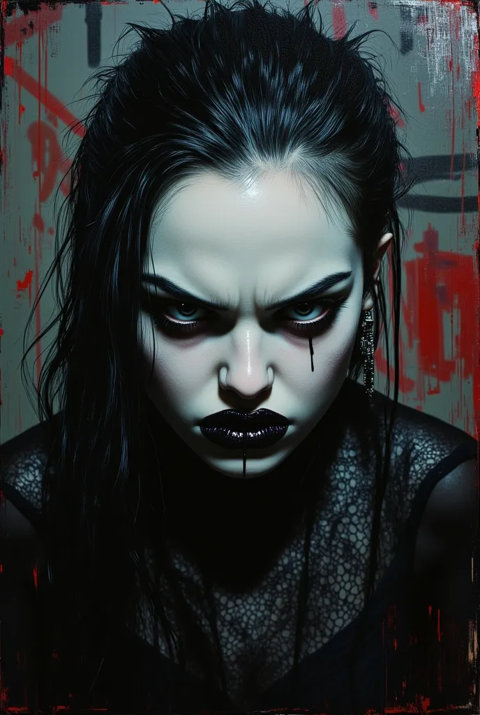 Dark indoor studio, ultra realistic 3D painting, macro, dark graffiti background, a pale white goth girl, white makeup, real expressions, absurd, angry frown, shiny black lipstick with black glitter on her mouth, wearing a black lace dress, dry black hair ...