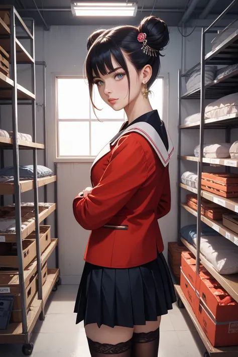 1 woman、 black hair、 red clothes、black skirt、black stockings、two side up、Black hair ornament、Tohsaka Rin、anime style、defeat、A storeroom with many cameras