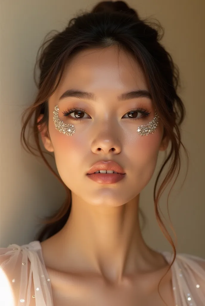 A selfie of a model with a minimalistic background. The model is wearing makeup with rhinestones, and the makeup is applied in a natural light. The background is a soft beige.