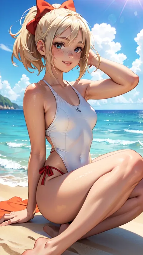 A smiling face, , realistic, ( barefoot on a sunlit beach, facing the ocean. The warm sand and gentle waves are visible at her feet. The sun is shining brightly, casting a golden hue on her skin. She’s wearing a breezy, light-colored sky blue swimsuit, her...