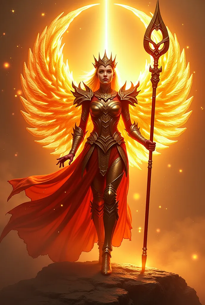 Vaelis, the Radiant Titan, is a celestial warrior of unparalleled might, a living embodiment of divine wrath and cosmic fire. Towering at twelve meters, she is both grace and destruction incarnate, her very presence warping the air around her with sacred e...