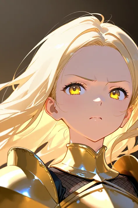 Blonde long hair,yellow eyes,wearing a bit of medieval armor,Adorably angry, The cheeks of the face are swollen,